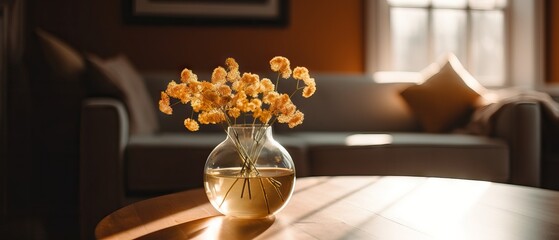 Beautiful fresh orange flowers bouquet in crystal glass vase on table in warm sunset sun lights against balcony window