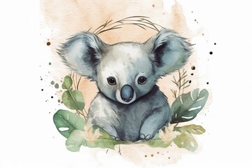The illustration showcases a watercolor painting of a koala face. Generative Ai.