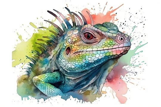 The illustration showcases a watercolor painting of a iguana face. Generative Ai.