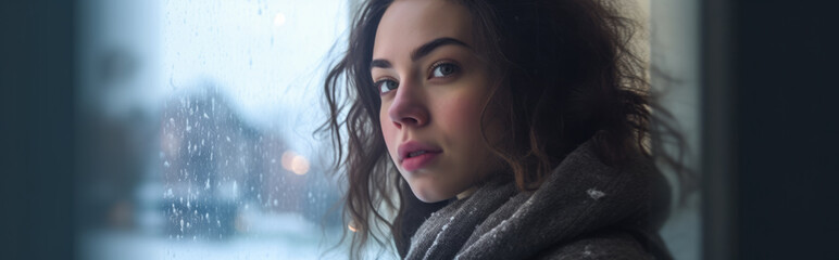 Banner of a young woman contemplating a winter scene from her window. Generative AI