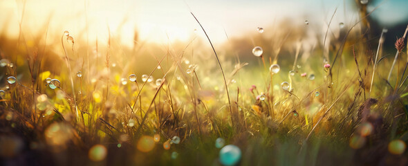 sunrise over a field with dew drops