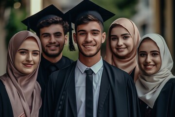 Portrait of a group of students graduation day.Students, hands up or graduation success with diploma paper.smile or happy graduate friends