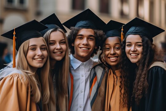 Portrait of a group of students graduation day.Students, hands up or graduation success with diploma paper.smile or happy graduate friends
