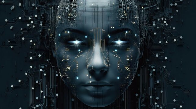Robot mechanic face with neural link intelligence, big data. Cyberpunk, android robot bionic. artificial intelligence. Science fiction