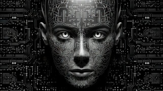 Robot mechanic face with neural link intelligence, big data. Cyberpunk, android robot bionic. artificial intelligence. Science fiction