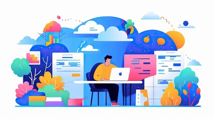Illustration working at the desk with a laptop, home office concept, colorful illustration vector type, minimal style, ideas and design