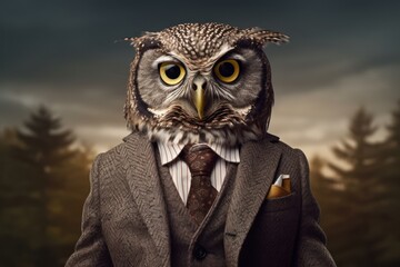 Owl in cheep's suit on bokeh forest background. Generative AI