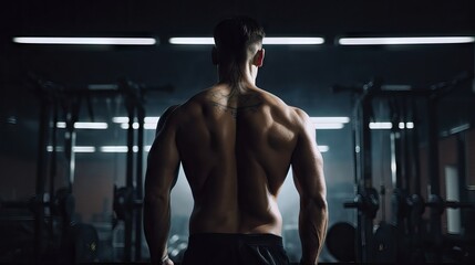 Naklejka na ściany i meble muscular back of a male athlete bodybuilder exercising in the gym