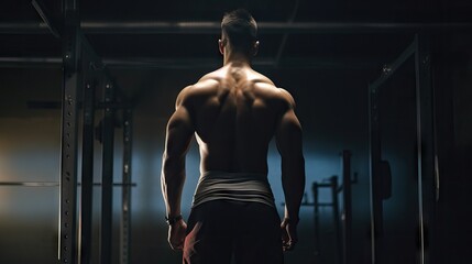 Fototapeta na wymiar Portrait of a handsome athlete from behind. Dynamic Crossfit Practice concept image, muscle man.