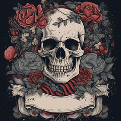 Human skull and flowers. Concept of death..