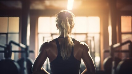 Shot from the back of Athletic Beautiful Woman Entering Gym. Training day, woman lifting weights - obrazy, fototapety, plakaty