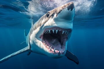 Fototapeta premium Great white shark brutal attack in close up. Generative AI