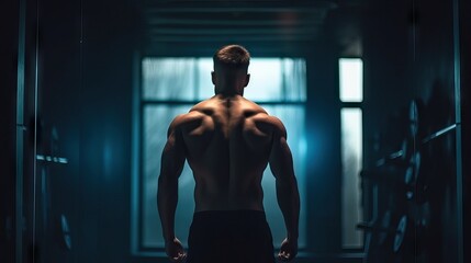 Portrait of a handsome athlete from behind. Dynamic Crossfit Practice concept image, muscle man.