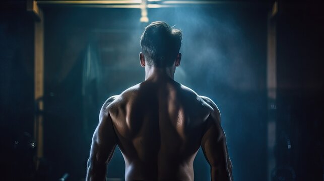 Portrait of a handsome athlete from behind. Dynamic Crossfit Practice concept image, muscle man.