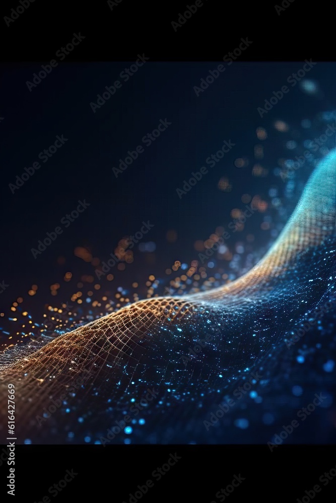 Poster futuristic data stream 3d illustration. data transfer technology. wave of dots and weave lines. abst