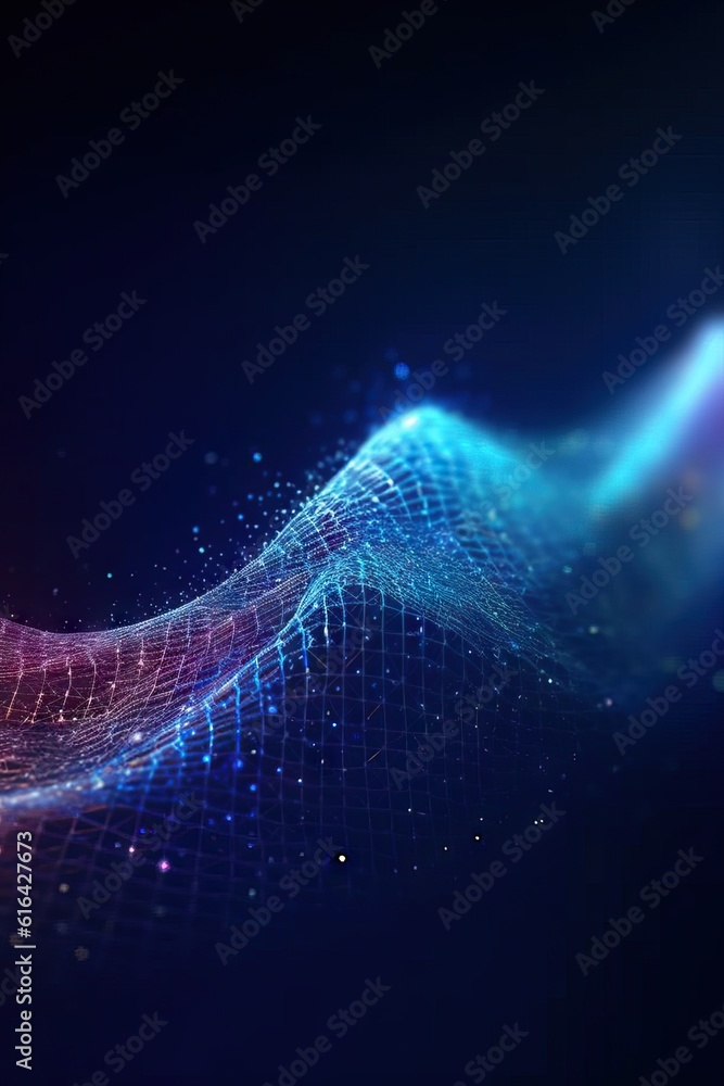 Poster futuristic data stream 3d illustration. data transfer technology. wave of dots and weave lines. abst