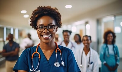 Portrait, nurse doctor at hospital standing at the corridor, black woman. Medical, healthcare professional or worker smile, happy and excited at work