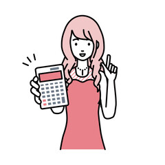 a woman in dress recommending, proposing, showing estimates and pointing a calculator with a smile