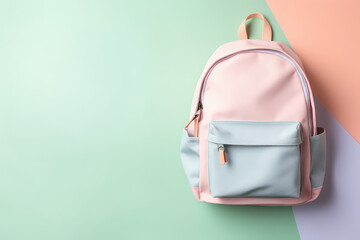 Fototapeta premium Top view on Classic backpack on studio background with copy space. Banner template. Light pastel colors palette - pink, blue. Generative AI photo imitation.