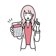 a woman in work jacket style recommending, proposing, showing estimates and pointing a calculator with a smile