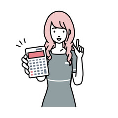 an esthetician, receptionist woman recommending, proposing, showing estimates and pointing a calculator with a smile