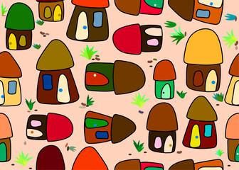 Seamless abstract houses in shapes, vector illustration. wall paper book cover background design. rural  environment. 
