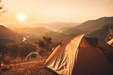 Beautiful mountain view in sunset time at camping vacation holiday thought tent, defocused bokeh, flare