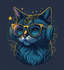cat wearing glasses and headphones, create with Generative Ai