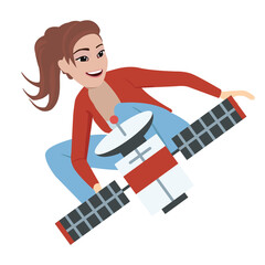 Vector cartoon woman surfing on satellite. Minimalism, flat vector illustration. 