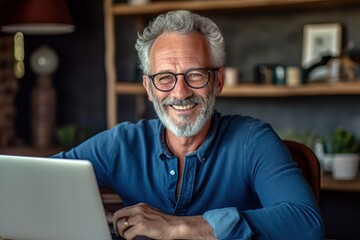Casual mid adult man with laptop computer at desk in home office, banking online, remote working. Portrait of happy older gray haired bearded guy smiling. Businessman managing business on internet