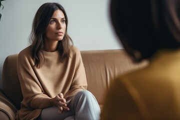 Fototapeta premium Thinking psychologist, therapy and woman in consultation for mental health on sofa. Therapist, psychology and female patient consulting, counseling and discussion for depression, memory and problem