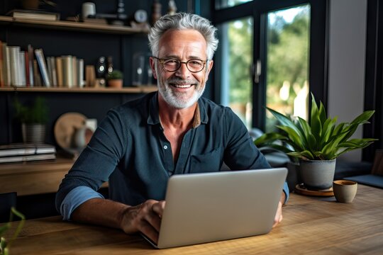 Casual Mid Adult Man With Laptop Computer At Desk In Home Office, Banking Online, Remote Working. Portrait Of Happy Older Gray Haired Bearded Guy Smiling. Businessman Managing Business On Internet