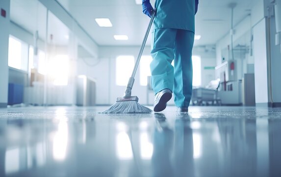 Close up cleaning staff cleans the floor of an operating room with a mop.
