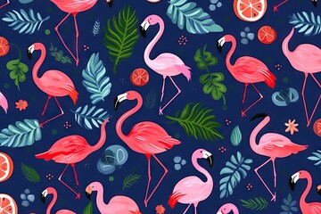 Fototapeta premium Seamless pattern of flamingo, tropical leaves of palm tree.Tile texture. Simple seamless pattern for fabric, textile, gift wrap, and wallpaper.