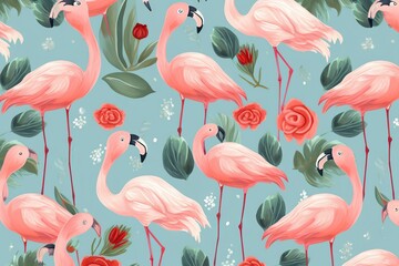 Seamless pattern of flamingo, tropical leaves of palm tree.Tile texture. Simple seamless pattern for fabric, textile, gift wrap, and wallpaper.