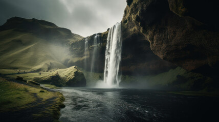 Inside beautiful icelandic cascase with high mountains and majestic natural landscapes in iceland. Seljalandsfoss waterfall with freezing water and rocks, flowing down off cliff. Generative AI