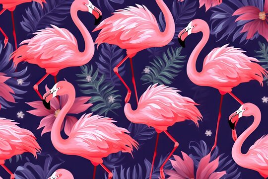 Seamless pattern of flamingo, tropical leaves of palm tree.Tile texture. Simple seamless pattern for fabric, textile, gift wrap, and wallpaper.