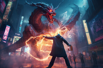 A dragon and a wizard fighting at Times Square New York fantasy artwork