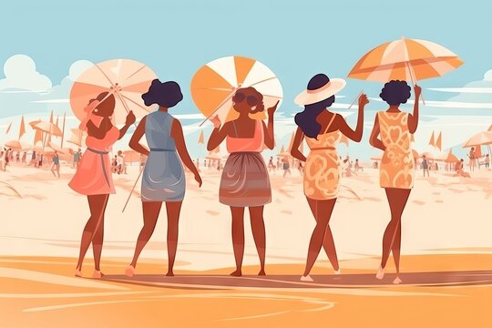 group of women beach, vectorial style illustration, vintage swimsuits, summer vacation holiday concept