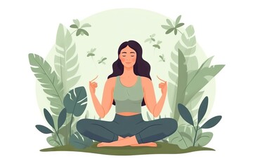 Model doing yoga illustration, Young women doing yoga exercise against the background of exotic plants
