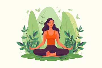 woman in meditation yoga post on greensward. Vector illustration style - obrazy, fototapety, plakaty