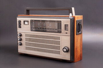 Old transistor radio. English translation: setting indicator, network, ranges, landmark scale, 8...