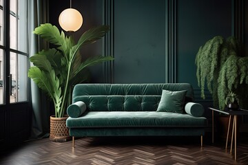 Interior of light living room with green sofa,Generative AI