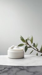 Composition with skin care products and chamomile flowers on wooden table