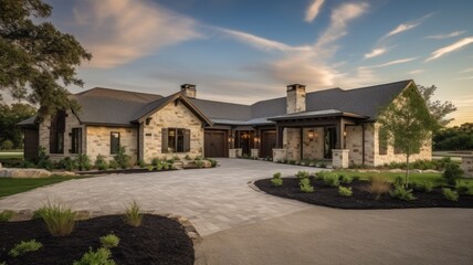 Home architecture design in Ranch Style with Garage constructed by Brick, wood trim, asphalt roof material. Single-story design with a low-pitched roof. Generative AI AIG25 . - obrazy, fototapety, plakaty