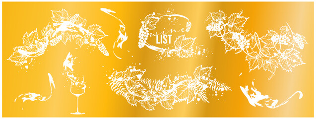 Wine Designs - Collection of wine glasses and bottles. Hand drawn elements for invitation cards, advertising banners, menus in gold style. Wine glasses with splashing wine. Sketch vector illustration