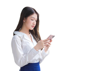 Young Asian beautiful business woman stands while uses her smartphone to send messages to someone isolated on white background.