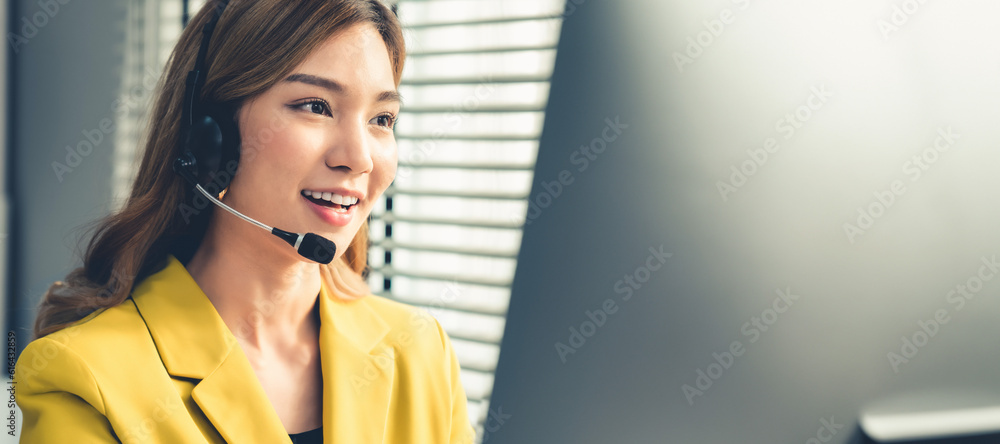 Aufkleber female operator working on computer and while talking with clients. concept relevant to both call ce