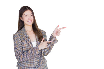 Asian professional female with black long hair wearing a plaid suit and pretty smiling looking at camera is present product on white background.