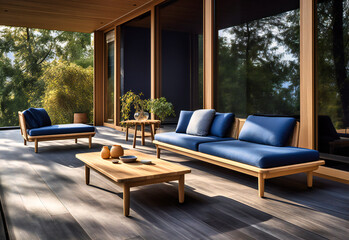 an outdoor patio with furniture and wooden floor